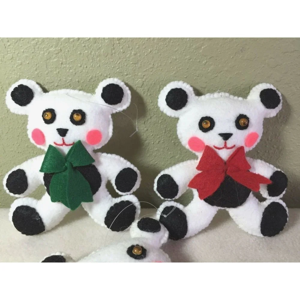 VTG Handmade white panda Felt Teddy Bear set of 3 Christmas Ornaments retro‎